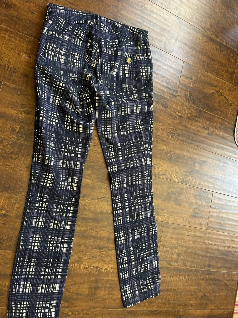 Tory Burch Navy and White Plaid Slim Pants